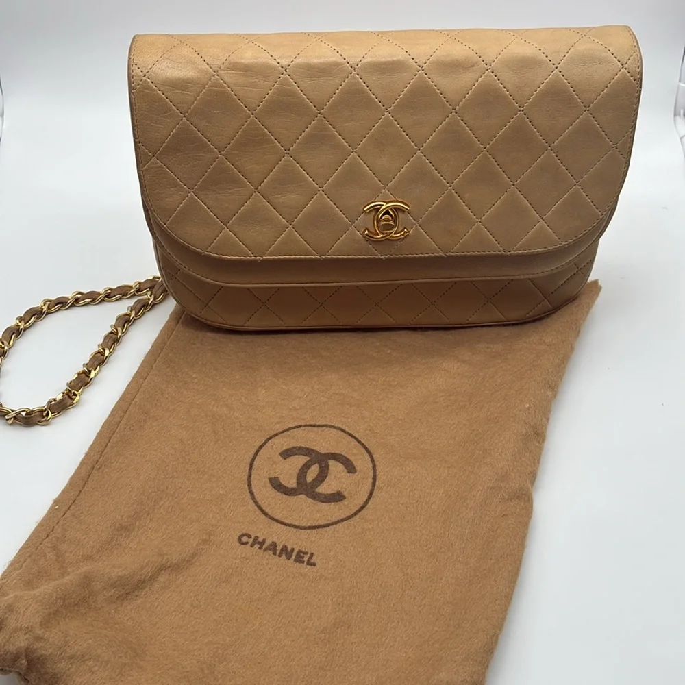 CHANEL HALF MOON BIEGE DOUBLE FLAP QUILTED CC GOLD HW LAMBSKIN SHOULDER BAG